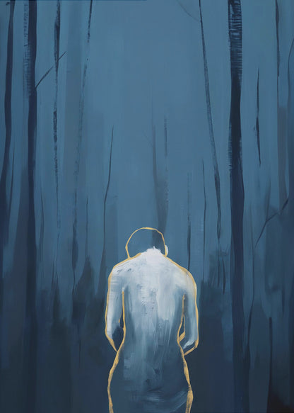 A vertical abstract painting depicting a figure from behind, outlined in gold and filled with white brushstrokes, standing in a dark, moody forest of deep blue and black tree trunks. Print