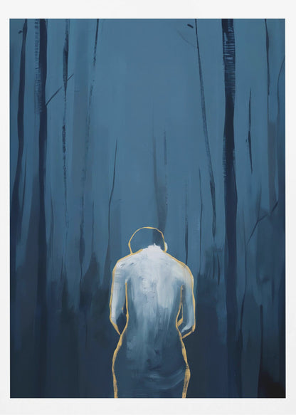 A vertical abstract painting depicting a figure from behind, outlined in gold and filled with white brushstrokes, standing in a dark, moody forest of deep blue and black tree trunks. Print