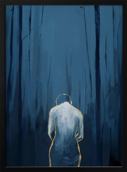 A vertical abstract painting depicting a figure from behind, outlined in gold and filled with white brushstrokes, standing in a dark, moody forest of deep blue and black tree trunks. Print