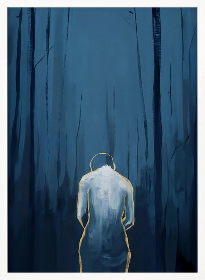 A vertical abstract painting depicting a figure from behind, outlined in gold and filled with white brushstrokes, standing in a dark, moody forest of deep blue and black tree trunks. Print