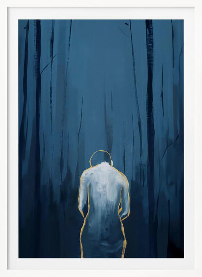 A vertical abstract painting depicting a figure from behind, outlined in gold and filled with white brushstrokes, standing in a dark, moody forest of deep blue and black tree trunks. Print