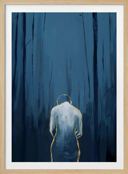 A vertical abstract painting depicting a figure from behind, outlined in gold and filled with white brushstrokes, standing in a dark, moody forest of deep blue and black tree trunks. Print