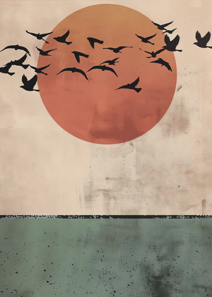 A modern art print featuring a large, textured orange-red sun against a distressed beige sky. A flock of black bird silhouettes flies across the sun. The bottom third of the image is a textured dark green panel, suggesting a minimalist landscape. The artwork is enclosed in a thin black frame. Decor