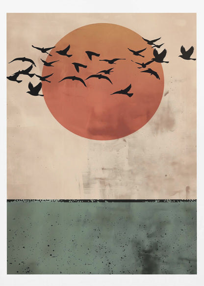 A modern art print featuring a large, textured orange-red sun against a distressed beige sky. A flock of black bird silhouettes flies across the sun. The bottom third of the image is a textured dark green panel, suggesting a minimalist landscape. The artwork is enclosed in a thin black frame. Decor