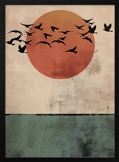 A modern art print featuring a large, textured orange-red sun against a distressed beige sky. A flock of black bird silhouettes flies across the sun. The bottom third of the image is a textured dark green panel, suggesting a minimalist landscape. The artwork is enclosed in a thin black frame. Decor