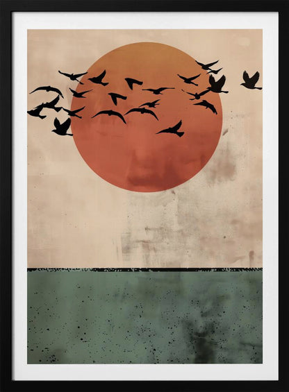 A modern art print featuring a large, textured orange-red sun against a distressed beige sky. A flock of black bird silhouettes flies across the sun. The bottom third of the image is a textured dark green panel, suggesting a minimalist landscape. The artwork is enclosed in a thin black frame. Decor