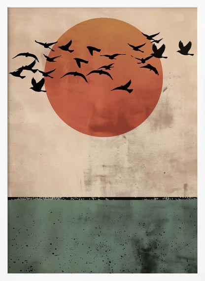 A modern art print featuring a large, textured orange-red sun against a distressed beige sky. A flock of black bird silhouettes flies across the sun. The bottom third of the image is a textured dark green panel, suggesting a minimalist landscape. The artwork is enclosed in a thin black frame. Decor