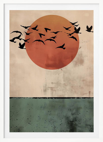 A modern art print featuring a large, textured orange-red sun against a distressed beige sky. A flock of black bird silhouettes flies across the sun. The bottom third of the image is a textured dark green panel, suggesting a minimalist landscape. The artwork is enclosed in a thin black frame. Decor