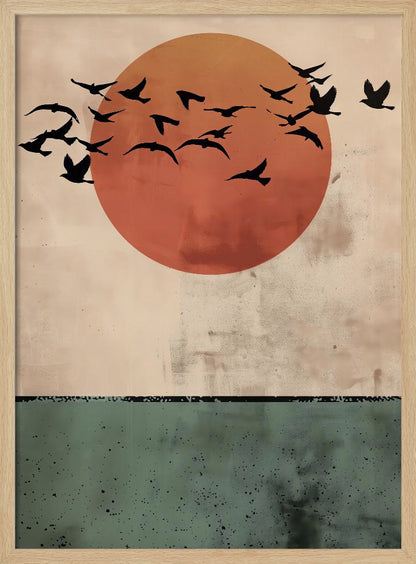 A modern art print featuring a large, textured orange-red sun against a distressed beige sky. A flock of black bird silhouettes flies across the sun. The bottom third of the image is a textured dark green panel, suggesting a minimalist landscape. The artwork is enclosed in a thin black frame. Decor