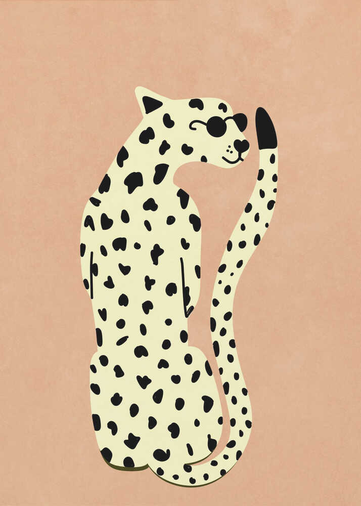 A minimalist illustration of a seated leopard against a solid peach-colored background, enclosed in a black frame. The leopard is cream-colored with black spots, wearing round black sunglasses, and has a slight smile. Poster