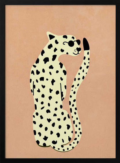A minimalist illustration of a seated leopard against a solid peach-colored background, enclosed in a black frame. The leopard is cream-colored with black spots, wearing round black sunglasses, and has a slight smile. Poster