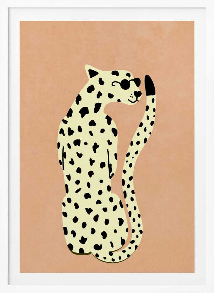 A minimalist illustration of a seated leopard against a solid peach-colored background, enclosed in a black frame. The leopard is cream-colored with black spots, wearing round black sunglasses, and has a slight smile. Poster