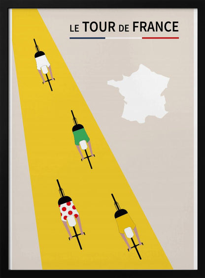 A minimalist poster for Le Tour de France featuring an overhead view of four cyclists on a bright yellow road that cuts diagonally across a beige background. The cyclists wear the iconic white, green, red polka-dot, and yellow jerseys. The title 'LE TOUR de FRANCE' is at the top, and a white silhouette of the map of France is in the upper right corner. Print