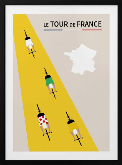 A minimalist poster for Le Tour de France featuring an overhead view of four cyclists on a bright yellow road that cuts diagonally across a beige background. The cyclists wear the iconic white, green, red polka-dot, and yellow jerseys. The title 'LE TOUR de FRANCE' is at the top, and a white silhouette of the map of France is in the upper right corner. Print