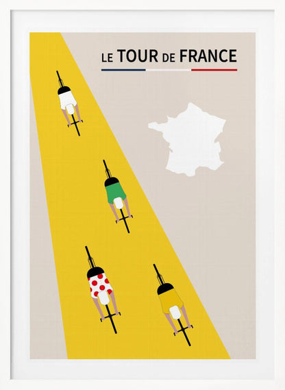A minimalist poster for Le Tour de France featuring an overhead view of four cyclists on a bright yellow road that cuts diagonally across a beige background. The cyclists wear the iconic white, green, red polka-dot, and yellow jerseys. The title 'LE TOUR de FRANCE' is at the top, and a white silhouette of the map of France is in the upper right corner. Print