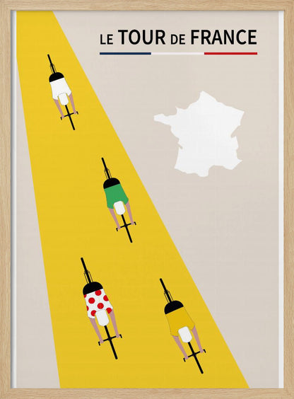 A minimalist poster for Le Tour de France featuring an overhead view of four cyclists on a bright yellow road that cuts diagonally across a beige background. The cyclists wear the iconic white, green, red polka-dot, and yellow jerseys. The title 'LE TOUR de FRANCE' is at the top, and a white silhouette of the map of France is in the upper right corner. Print