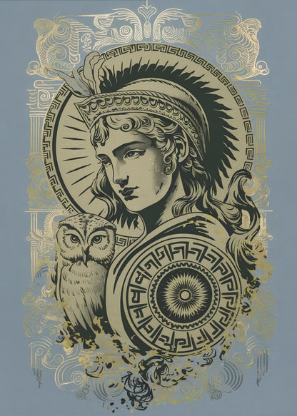 A stylized graphic illustration of the Greek goddess Athena against a muted blue background. Rendered in black and gold, she wears a plumed helmet and holds a patterned shield, with her symbolic owl perched beside her. Print
