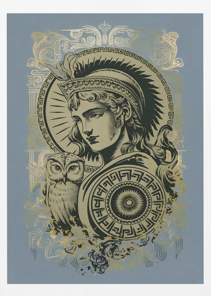 A stylized graphic illustration of the Greek goddess Athena against a muted blue background. Rendered in black and gold, she wears a plumed helmet and holds a patterned shield, with her symbolic owl perched beside her. Print