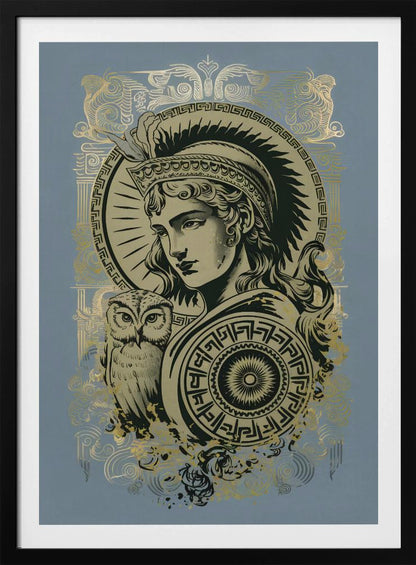 A stylized graphic illustration of the Greek goddess Athena against a muted blue background. Rendered in black and gold, she wears a plumed helmet and holds a patterned shield, with her symbolic owl perched beside her. Print