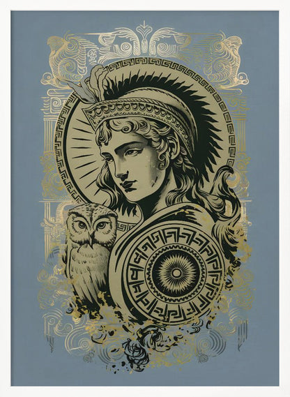A stylized graphic illustration of the Greek goddess Athena against a muted blue background. Rendered in black and gold, she wears a plumed helmet and holds a patterned shield, with her symbolic owl perched beside her. Print