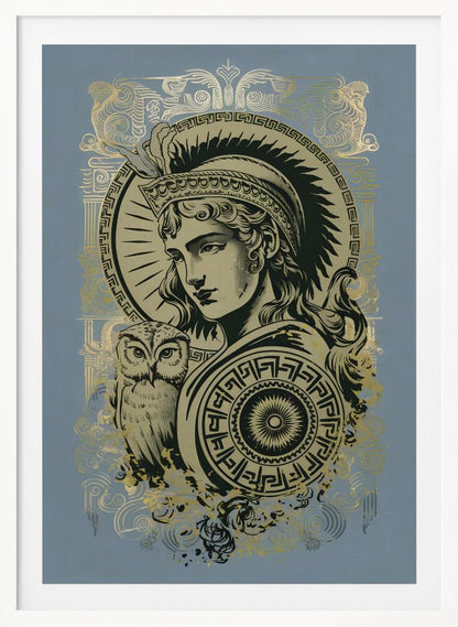 A stylized graphic illustration of the Greek goddess Athena against a muted blue background. Rendered in black and gold, she wears a plumed helmet and holds a patterned shield, with her symbolic owl perched beside her. Print