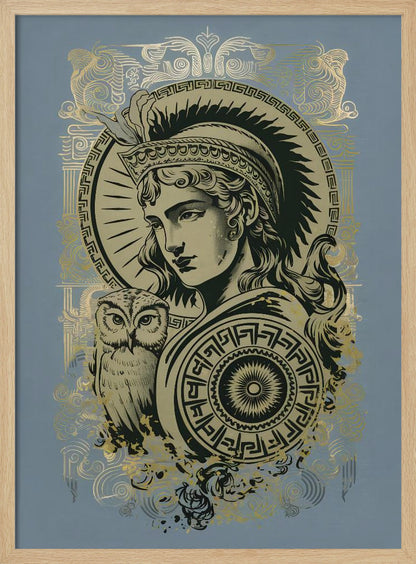 A stylized graphic illustration of the Greek goddess Athena against a muted blue background. Rendered in black and gold, she wears a plumed helmet and holds a patterned shield, with her symbolic owl perched beside her. Print
