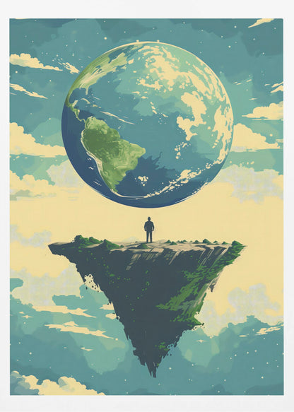A surreal illustration of a lone person standing on a small, floating island, gazing up at a massive Planet Earth in a cloudy sky. The style is graphic and painterly with a muted color palette. Print