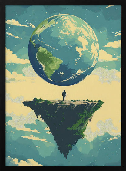 A surreal illustration of a lone person standing on a small, floating island, gazing up at a massive Planet Earth in a cloudy sky. The style is graphic and painterly with a muted color palette. Print