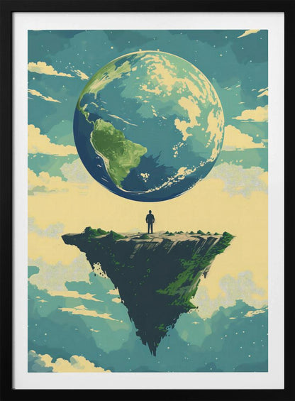 A surreal illustration of a lone person standing on a small, floating island, gazing up at a massive Planet Earth in a cloudy sky. The style is graphic and painterly with a muted color palette. Print