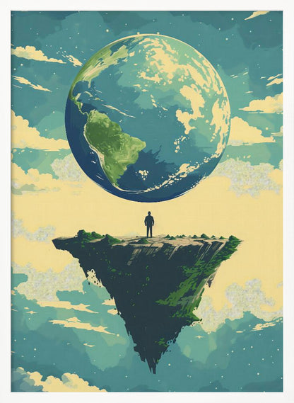 A surreal illustration of a lone person standing on a small, floating island, gazing up at a massive Planet Earth in a cloudy sky. The style is graphic and painterly with a muted color palette. Print