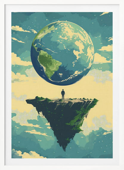 A surreal illustration of a lone person standing on a small, floating island, gazing up at a massive Planet Earth in a cloudy sky. The style is graphic and painterly with a muted color palette. Print