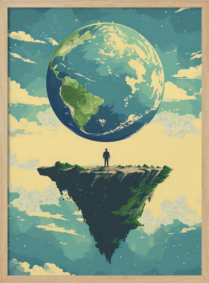A surreal illustration of a lone person standing on a small, floating island, gazing up at a massive Planet Earth in a cloudy sky. The style is graphic and painterly with a muted color palette. Print