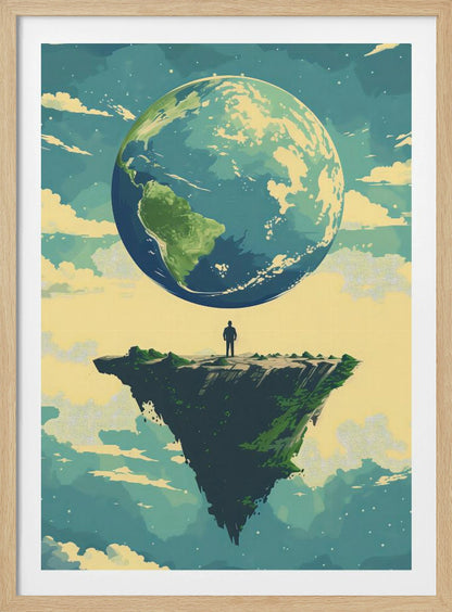 A surreal illustration of a lone person standing on a small, floating island, gazing up at a massive Planet Earth in a cloudy sky. The style is graphic and painterly with a muted color palette. Print
