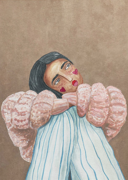 An illustrative painting of a person with dark hair, freckles, and red heart stickers on their cheeks. They are wearing a textured pink sweater and light blue pinstripe pants, hugging their knees while looking at the viewer with their head tilted against a solid brown background. Wall Art