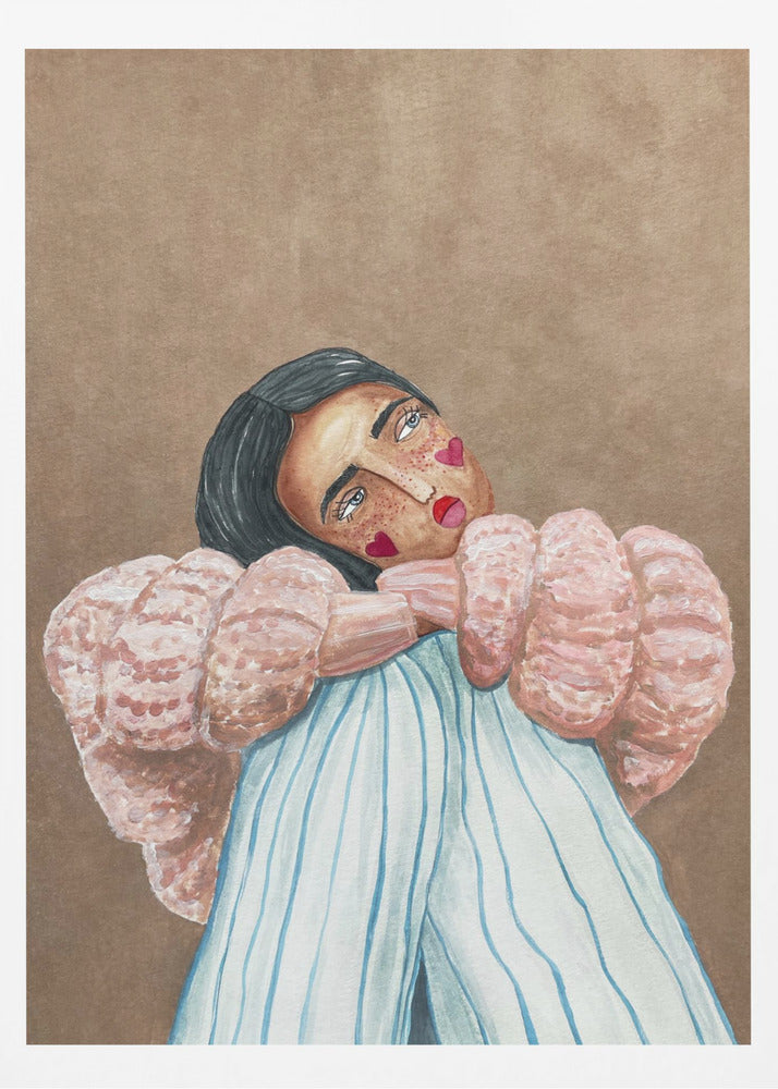 An illustrative painting of a person with dark hair, freckles, and red heart stickers on their cheeks. They are wearing a textured pink sweater and light blue pinstripe pants, hugging their knees while looking at the viewer with their head tilted against a solid brown background. Wall Art
