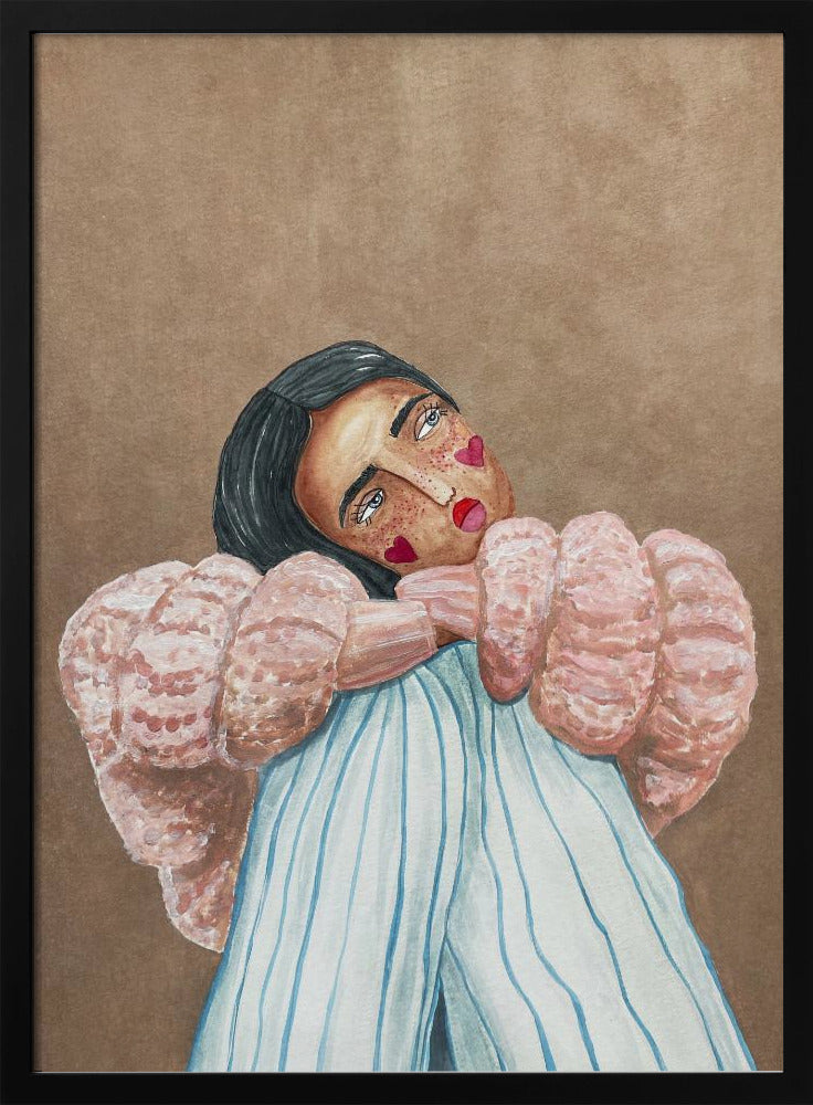 An illustrative painting of a person with dark hair, freckles, and red heart stickers on their cheeks. They are wearing a textured pink sweater and light blue pinstripe pants, hugging their knees while looking at the viewer with their head tilted against a solid brown background. Wall Art