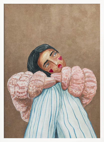 An illustrative painting of a person with dark hair, freckles, and red heart stickers on their cheeks. They are wearing a textured pink sweater and light blue pinstripe pants, hugging their knees while looking at the viewer with their head tilted against a solid brown background. Wall Art