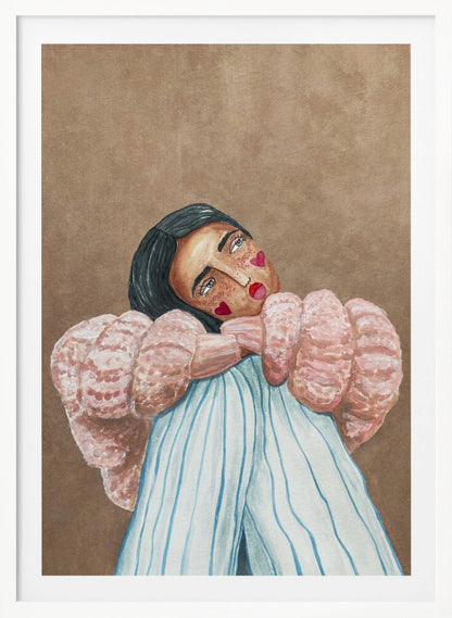 An illustrative painting of a person with dark hair, freckles, and red heart stickers on their cheeks. They are wearing a textured pink sweater and light blue pinstripe pants, hugging their knees while looking at the viewer with their head tilted against a solid brown background. Wall Art