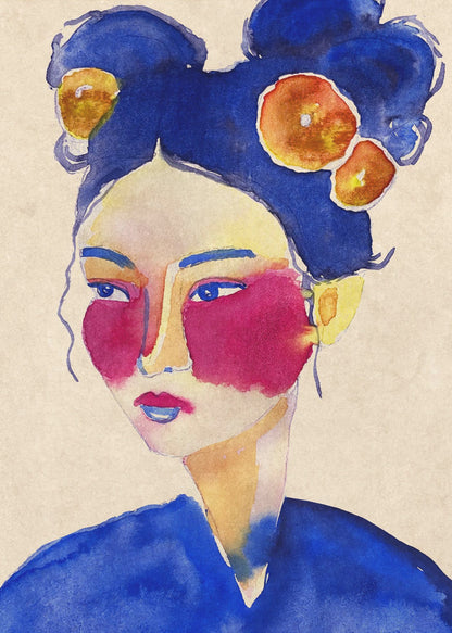 A stylized watercolor portrait of a woman with vibrant blue hair in double buns adorned with orange flowers, bold magenta blush, and a contemplative expression against a neutral beige background. Wall Art