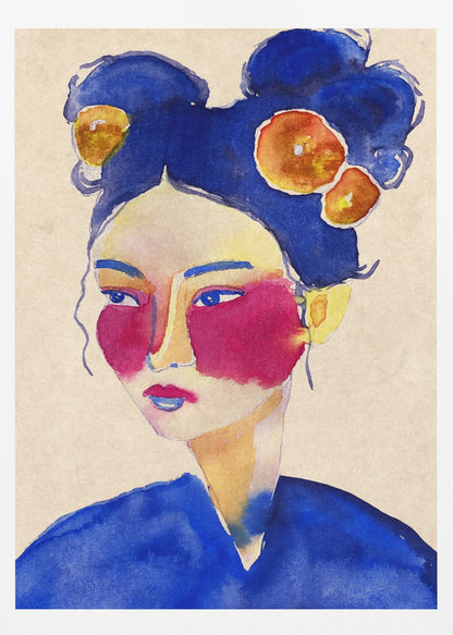 A stylized watercolor portrait of a woman with vibrant blue hair in double buns adorned with orange flowers, bold magenta blush, and a contemplative expression against a neutral beige background. Wall Art