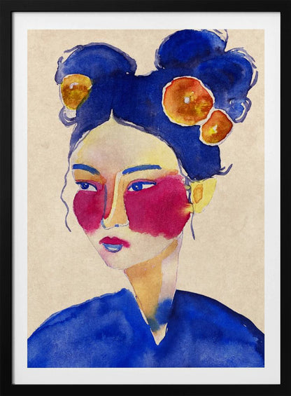 A stylized watercolor portrait of a woman with vibrant blue hair in double buns adorned with orange flowers, bold magenta blush, and a contemplative expression against a neutral beige background. Wall Art