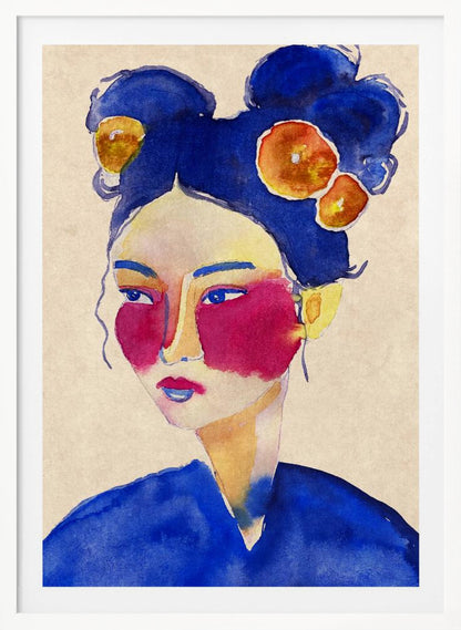 A stylized watercolor portrait of a woman with vibrant blue hair in double buns adorned with orange flowers, bold magenta blush, and a contemplative expression against a neutral beige background. Wall Art