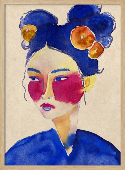 A stylized watercolor portrait of a woman with vibrant blue hair in double buns adorned with orange flowers, bold magenta blush, and a contemplative expression against a neutral beige background. Wall Art