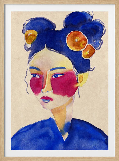 A stylized watercolor portrait of a woman with vibrant blue hair in double buns adorned with orange flowers, bold magenta blush, and a contemplative expression against a neutral beige background. Wall Art