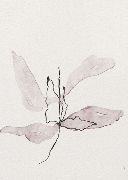 Minimalist ink and watercolor illustration of a delicate purple flower on a white background. Abstract botanical art.