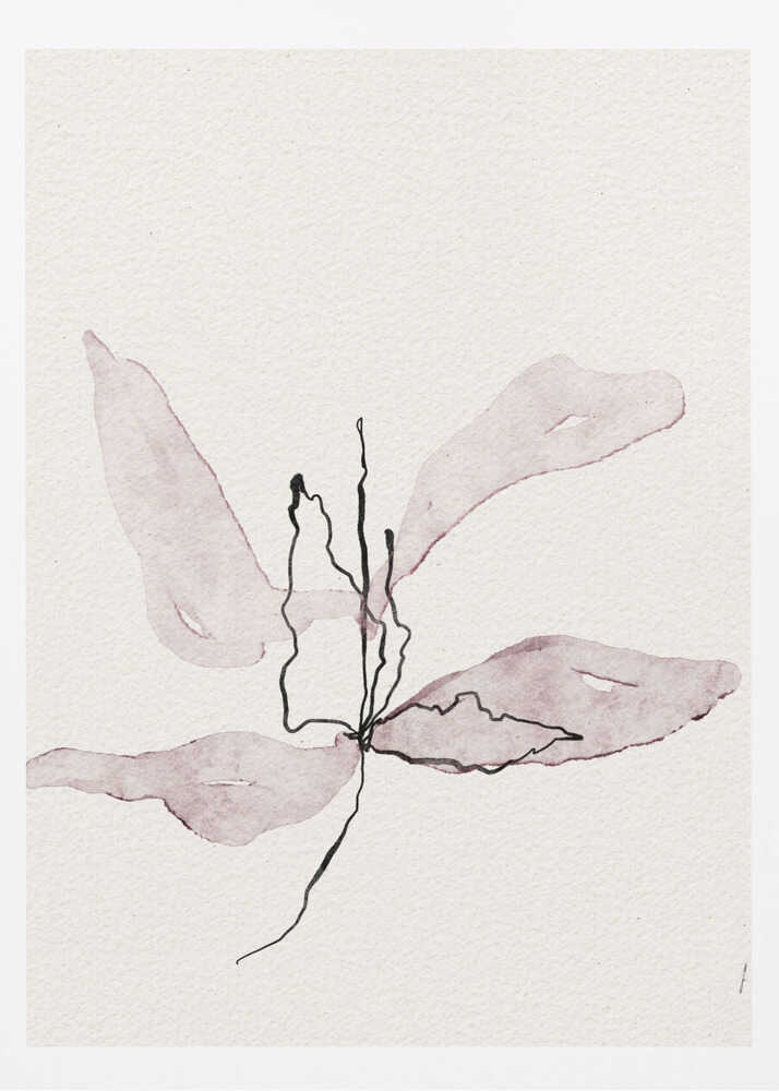 Minimalist ink and watercolor illustration of a delicate purple flower on a white background. Abstract botanical art.