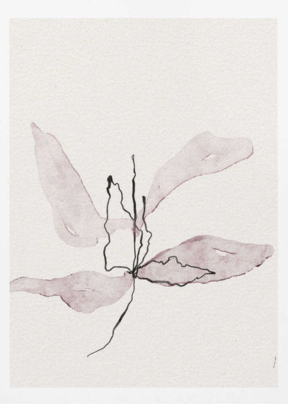 Minimalist ink and watercolor illustration of a delicate purple flower on a white background. Abstract botanical art.