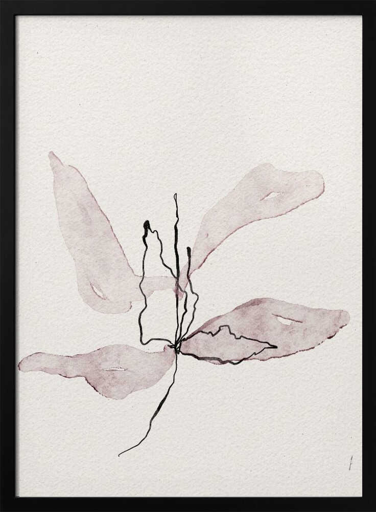 Minimalist ink and watercolor illustration of a delicate purple flower on a white background. Abstract botanical art.