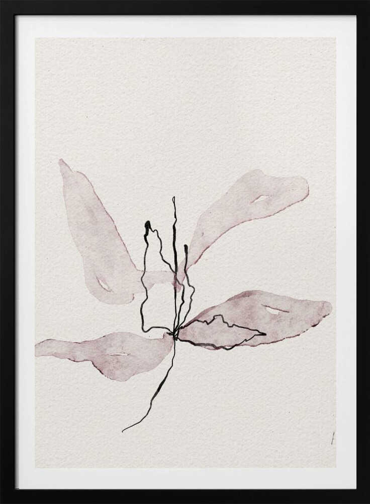 Minimalist ink and watercolor illustration of a delicate purple flower on a white background. Abstract botanical art.