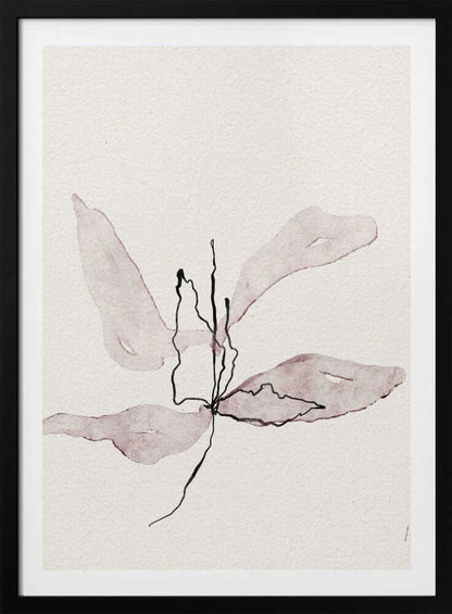 Minimalist ink and watercolor illustration of a delicate purple flower on a white background. Abstract botanical art.
